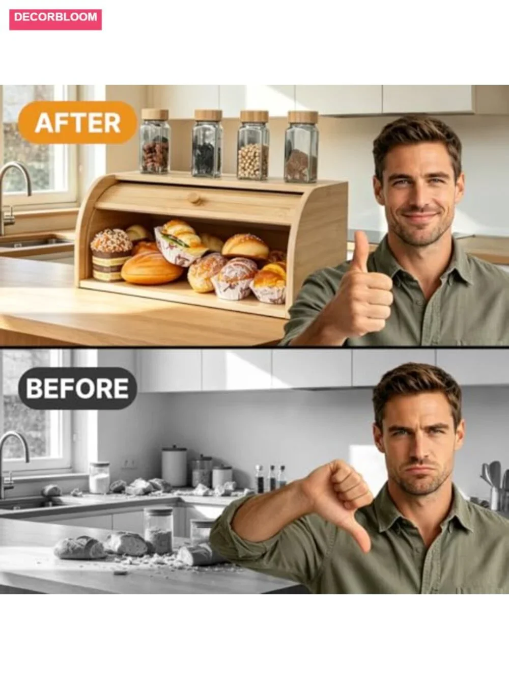 Natural Bamboo Roll Top Bread Box for Kitchen Countertop Storage